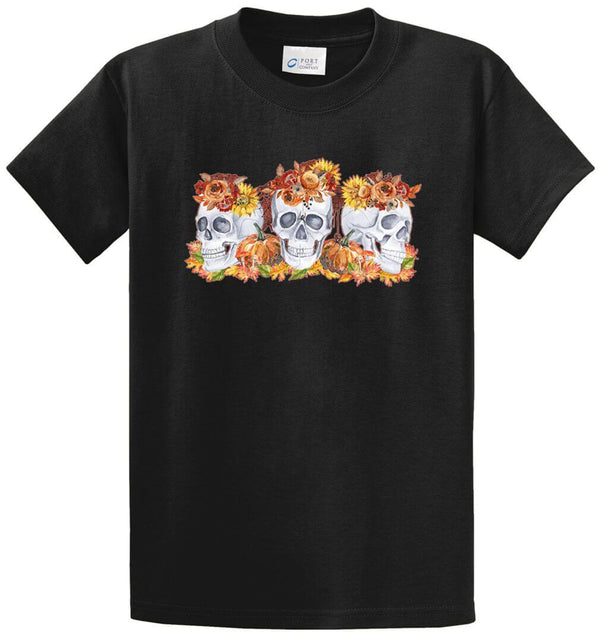 Halloween Floral Skulls Printed Tee Shirt